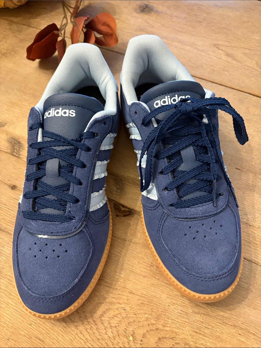 adidas Kids Navy Blue Suede Sneakers with Light Blue  Stripes and Gum Sole
